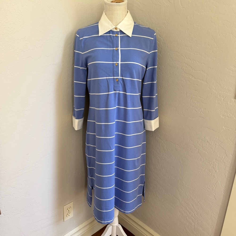 Brooks Brothers Light Blue and White Stripe Knitted Polo Shirt Midi Dress Size M